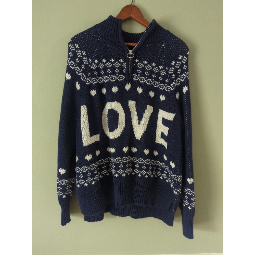 Women's Small Aerie Sweater Quarter Zip Up Festive LOVE Navy